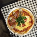 Buffalo mozzarella and smoked duck pizza for dinner.
