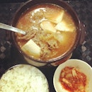 Today's lunch for a cold day: Kimchi Beef Soup with rice.
