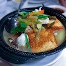 Of braised stuffed tofu in claypot, deep-fried fish fillet with sweetcorn sauce, and salt and pepper squid.