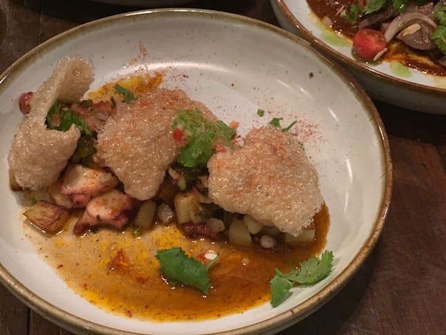 Chicharron with grilled octopus and pico de gallo