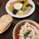 Dumpling platter and borscht soup