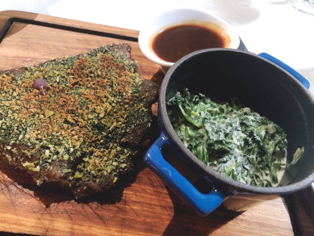 Boneless beef short rib with pistachio and herb crust $42